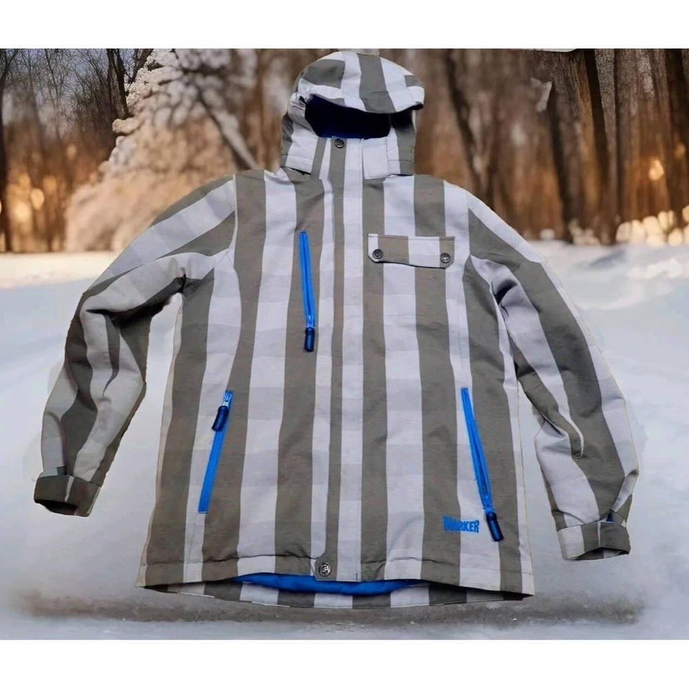 Marker Ski Jacket Boys 14 Grey White‎ Excellent Striped Hooded Snowboard Coat